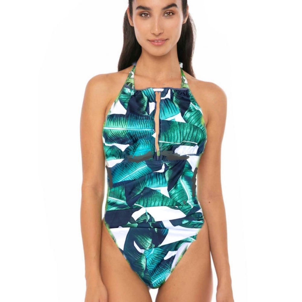 NWT Women's M Palm Leaves Plunge Halter Top One Piece Swim Suit